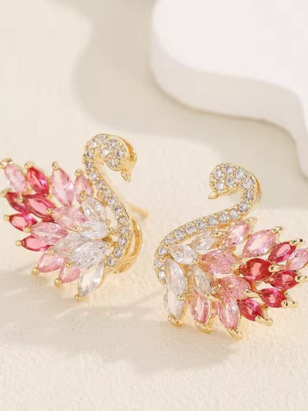 Swan Crystal Stud Earrings Pink White CZ Gold Tone Elegant Fashion NEW